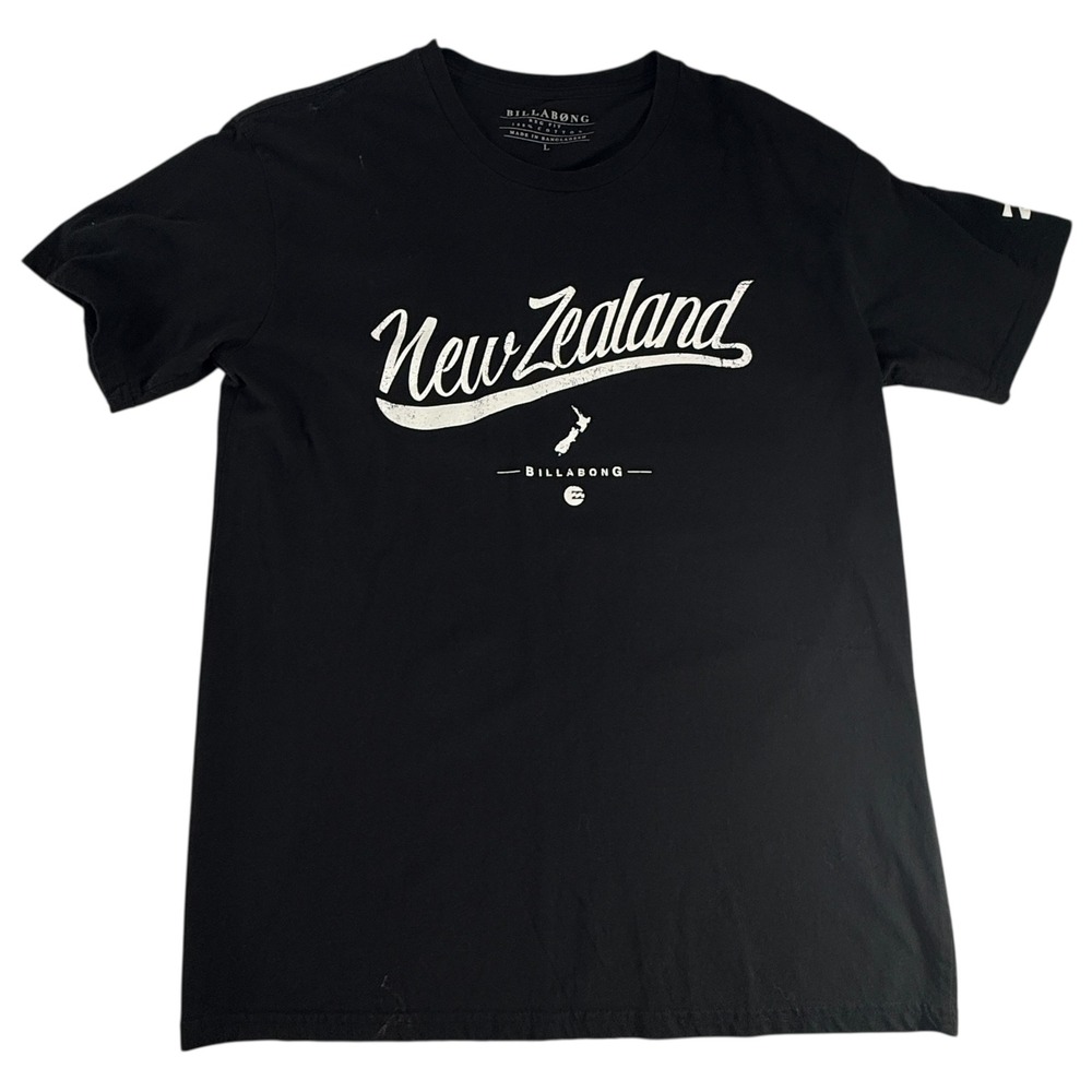 Billabong Mens Black New Zealand Graphic Size Large 100% Cotton Surfing Souvenir